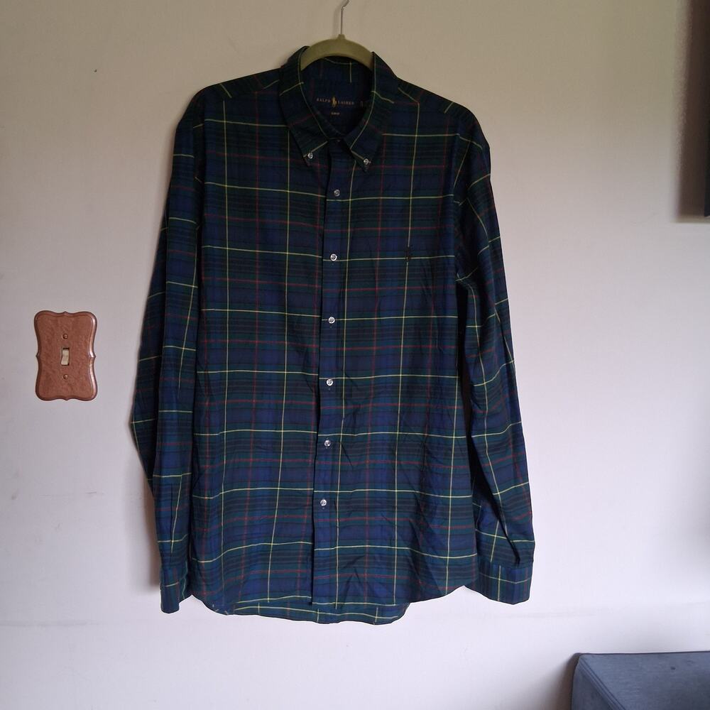 Ralph Lauren Mens XL Slim Fit Tartan Plaid Button Down Shirt Green Blue Cotton